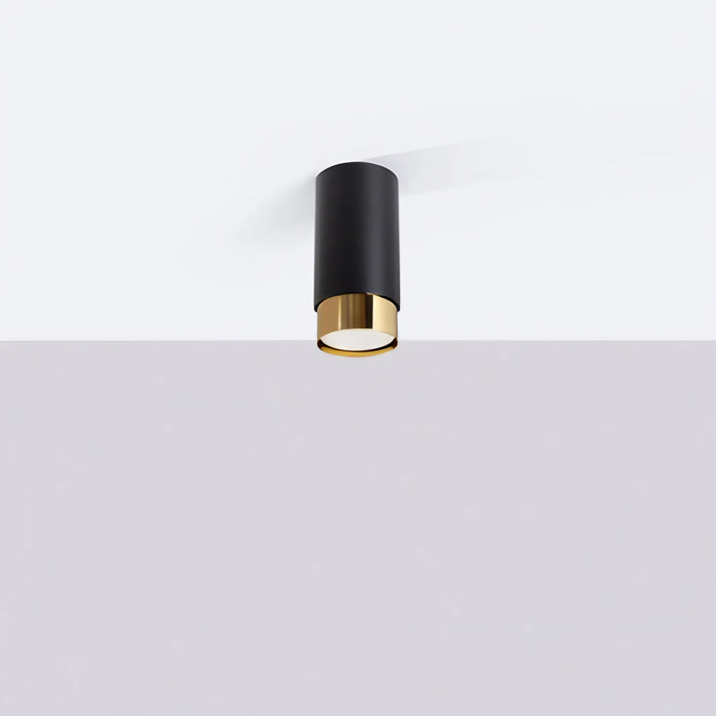 Plafonnier tube en acier noir mat à bague dorée, 12,5 cm