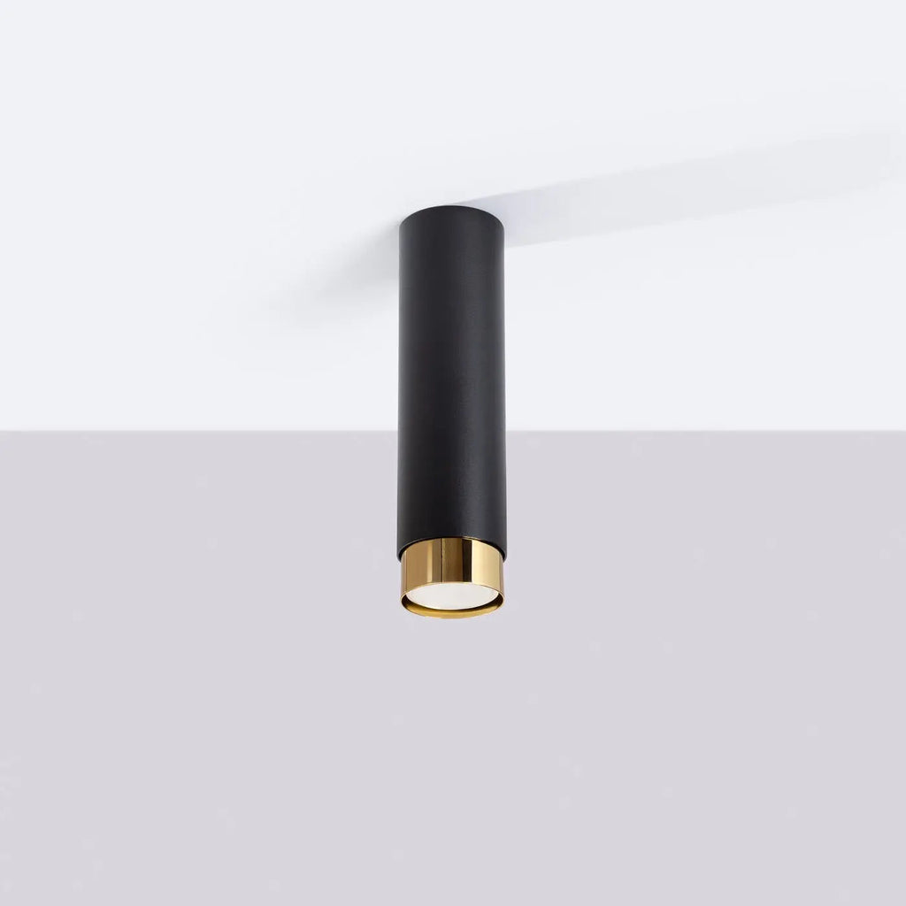 Plafonnier tube en acier noir mat à bague dorée, 22,5 cm