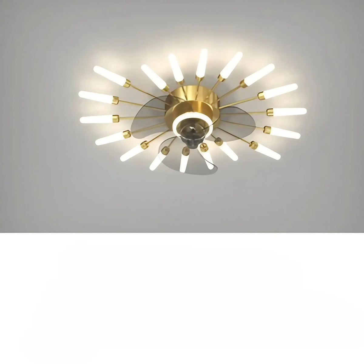Plafonnier ventilateur à tubes lumineux, circulaire ou étoile, doré