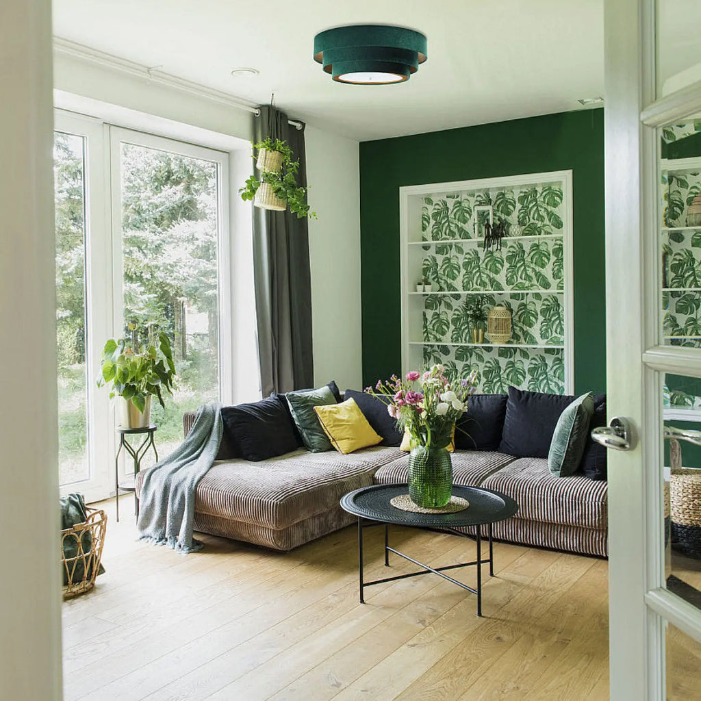 Plafonnier en velours vert, intérieur doré, 60 cm
