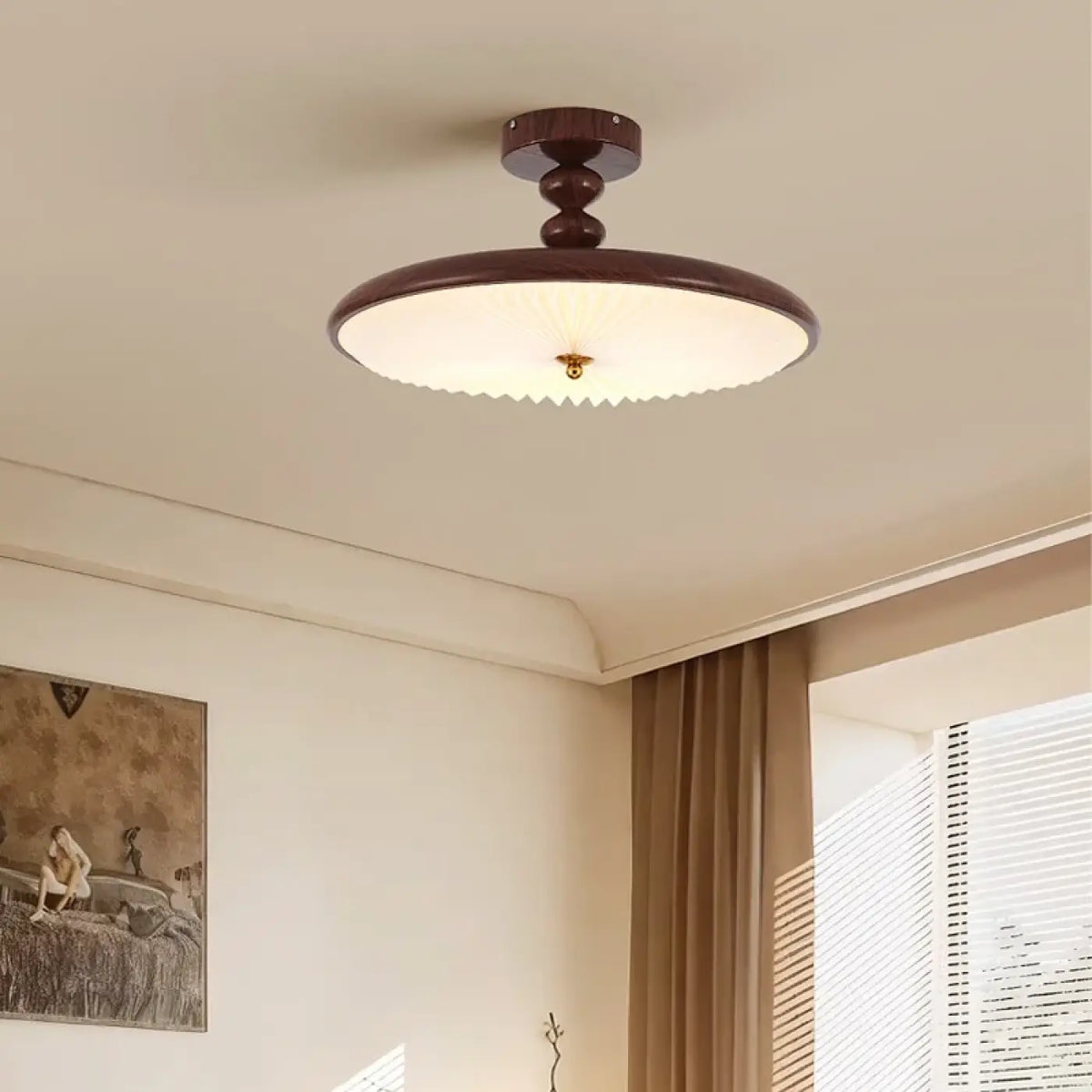 Plafonnier rétro en verre plissé sur bois foncé, S ou M, marron
