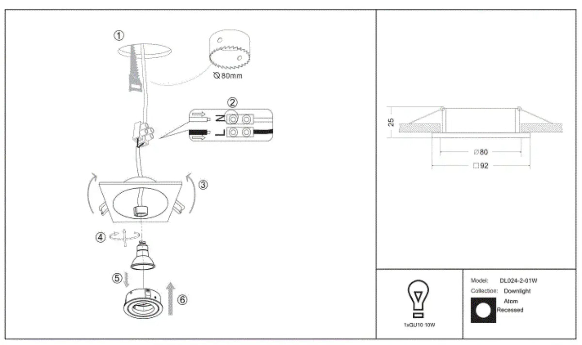Spot encastrable à cadre carré orientable, aluminium, GU10