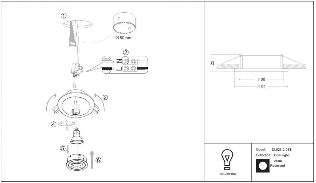 Spot encastrable rond orientable à 25°, aluminium, GU10