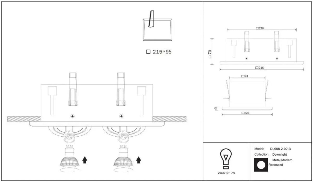 Spot encastrable double carré orientable en acier, 2 x GU10