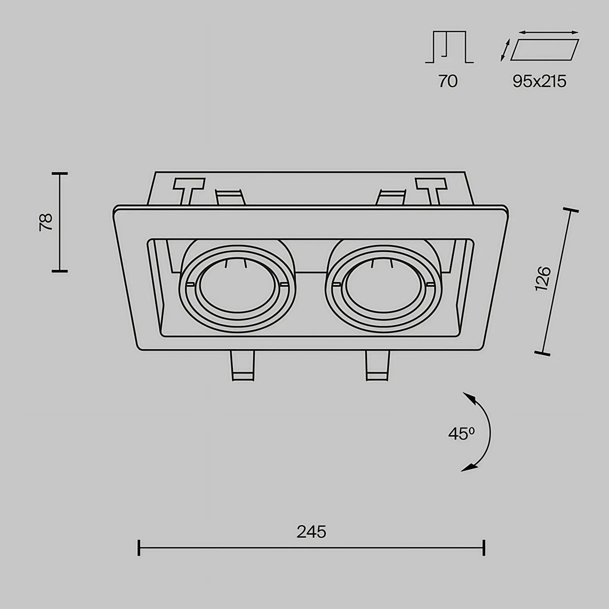 Spot encastrable double carré orientable en acier, 2 x GU10