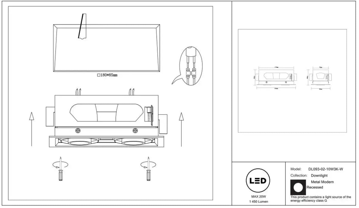 Spot encastrable double LED carré en acier, noir ou blanc