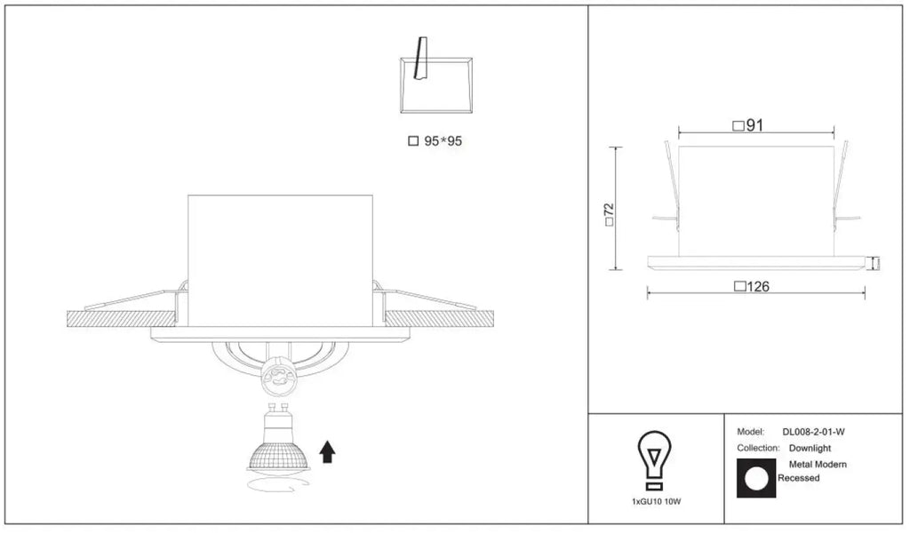 Spot encastrable carré orientable en acier, culot GU10
