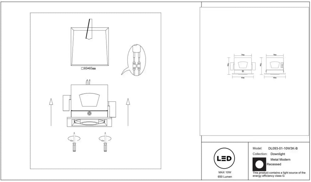 Spot encastrable LED carré en acier, faisceau de 24°