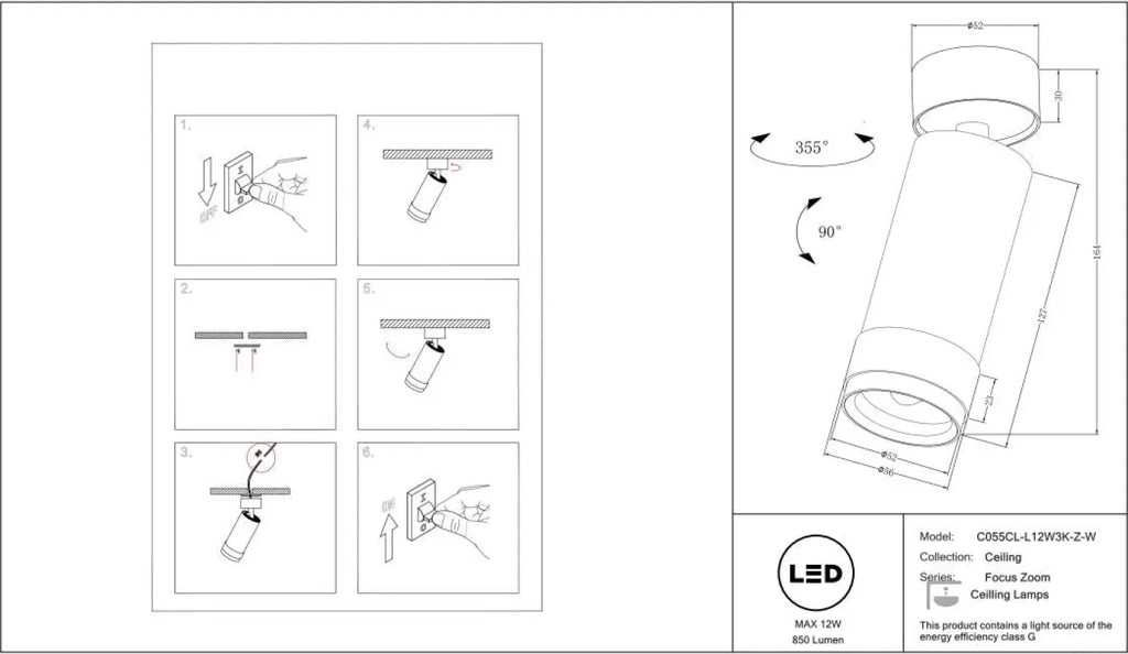 Spot LED orientable à zoom, faisceau réglable, 12 W