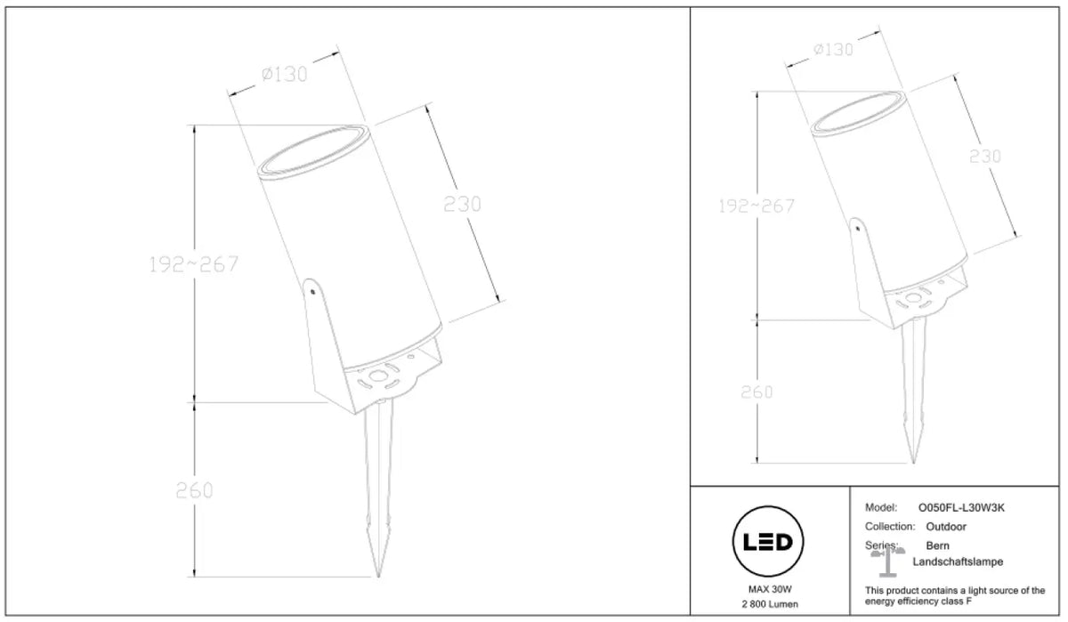 Spot extérieur LED à piquer en aluminium, tête orientable, IP65