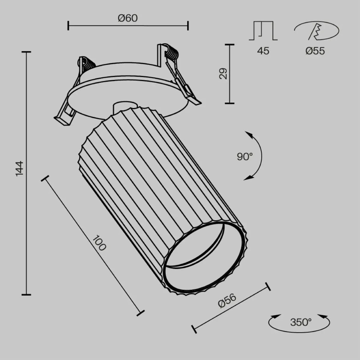 Spot semi-encastrable cylindre cannelé en aluminium, GU10