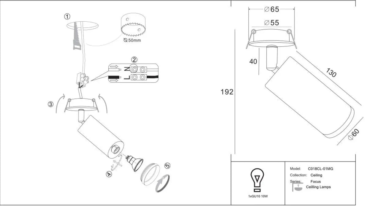 Spot semi-encastrable long cylindre orientable, GU10