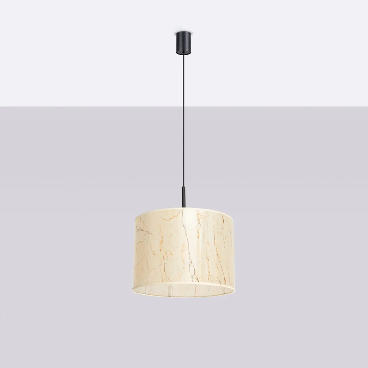 Suspension abat-jour cylindre en tissu de 40 cm, quatre décors, marbre beige/noir