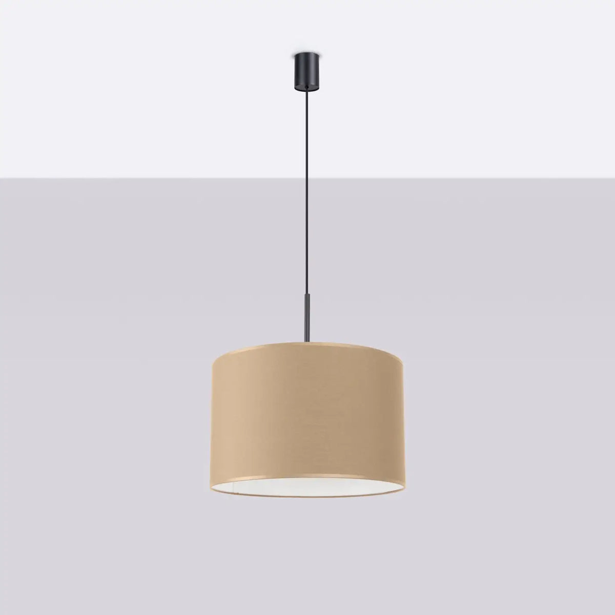 Suspension abat-jour cylindre en tissu de 40 cm, quatre décors, taupe/noir