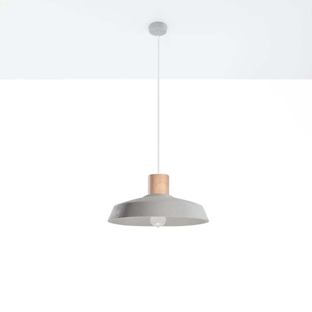 Suspension large abat-jour en béton gris et col en bois, 40 cm