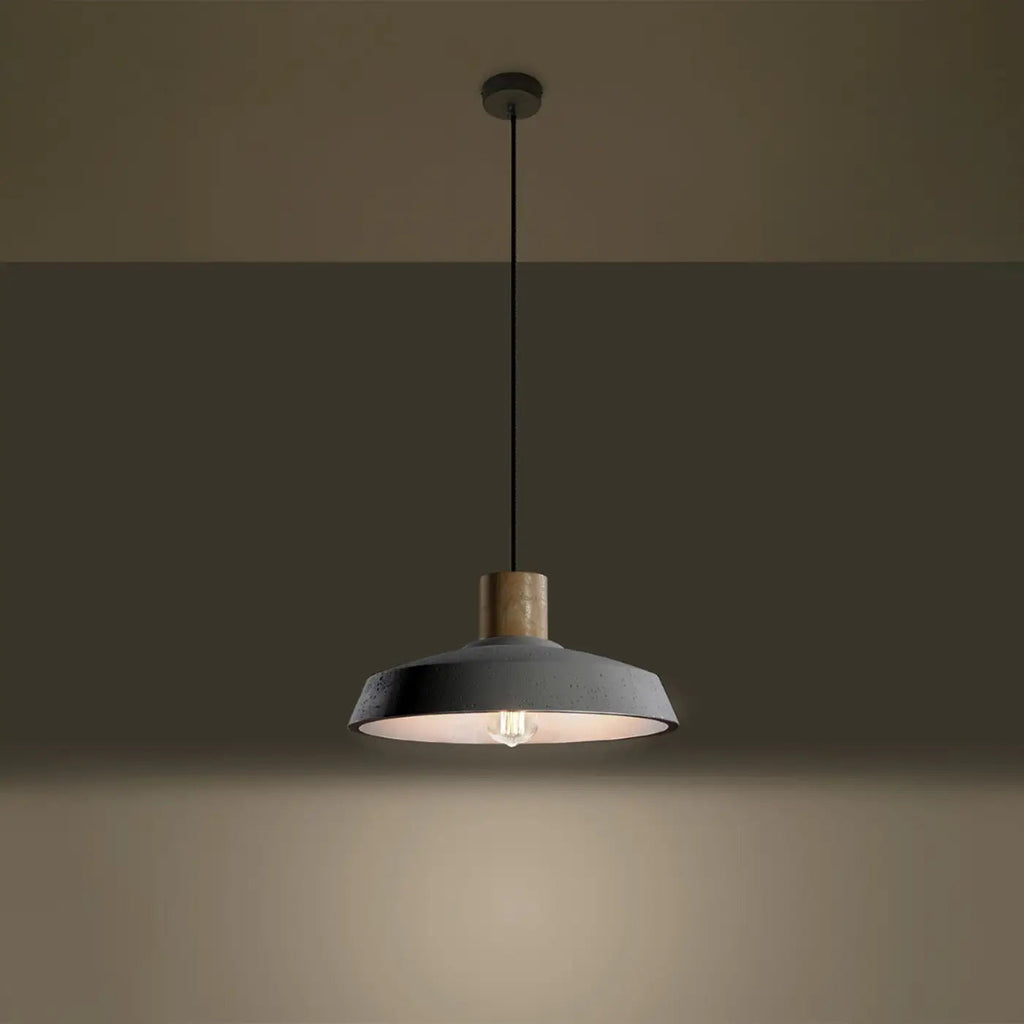 Suspension large abat-jour en béton gris et col en bois, 40 cm
