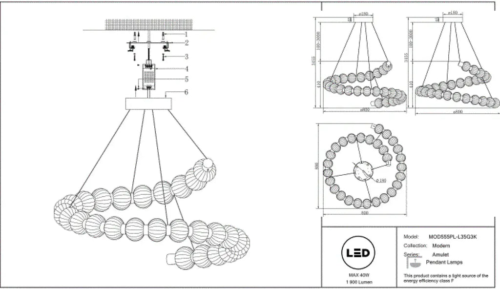 Suspension LED anneau de perles de verre et métal doré, 80 cm
