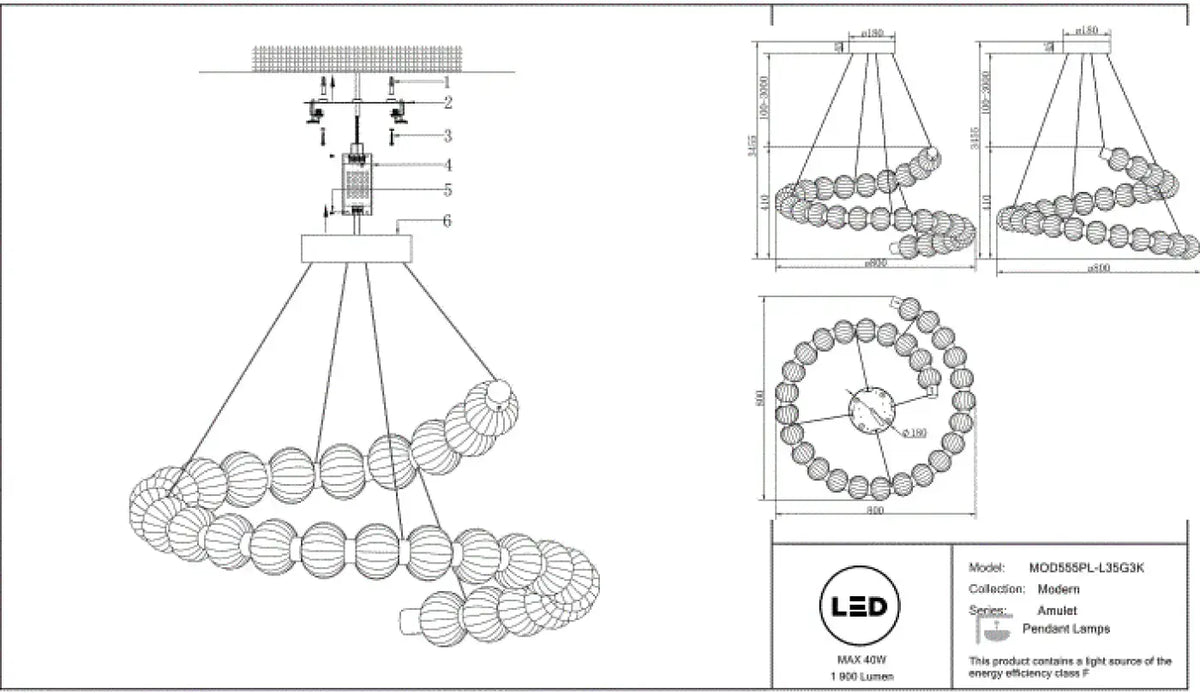 Suspension LED anneau de perles de verre et métal doré, 80 cm