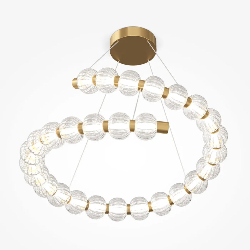 Suspension LED anneau de perles de verre et métal doré, 80 cm