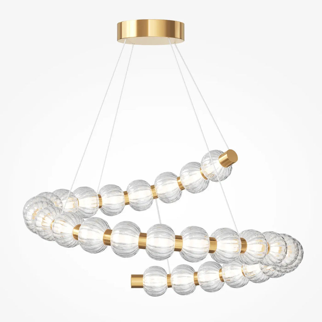 Suspension LED anneau de perles de verre et métal doré, 80 cm
