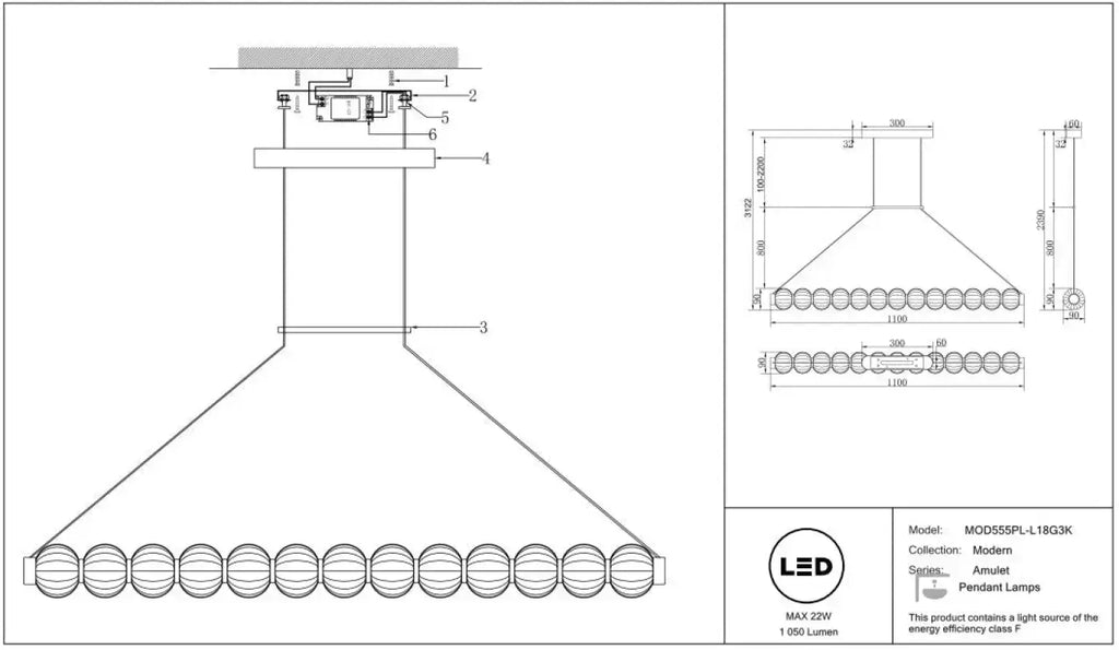 Suspension LED linéaire à perles de verre strié, 110 cm