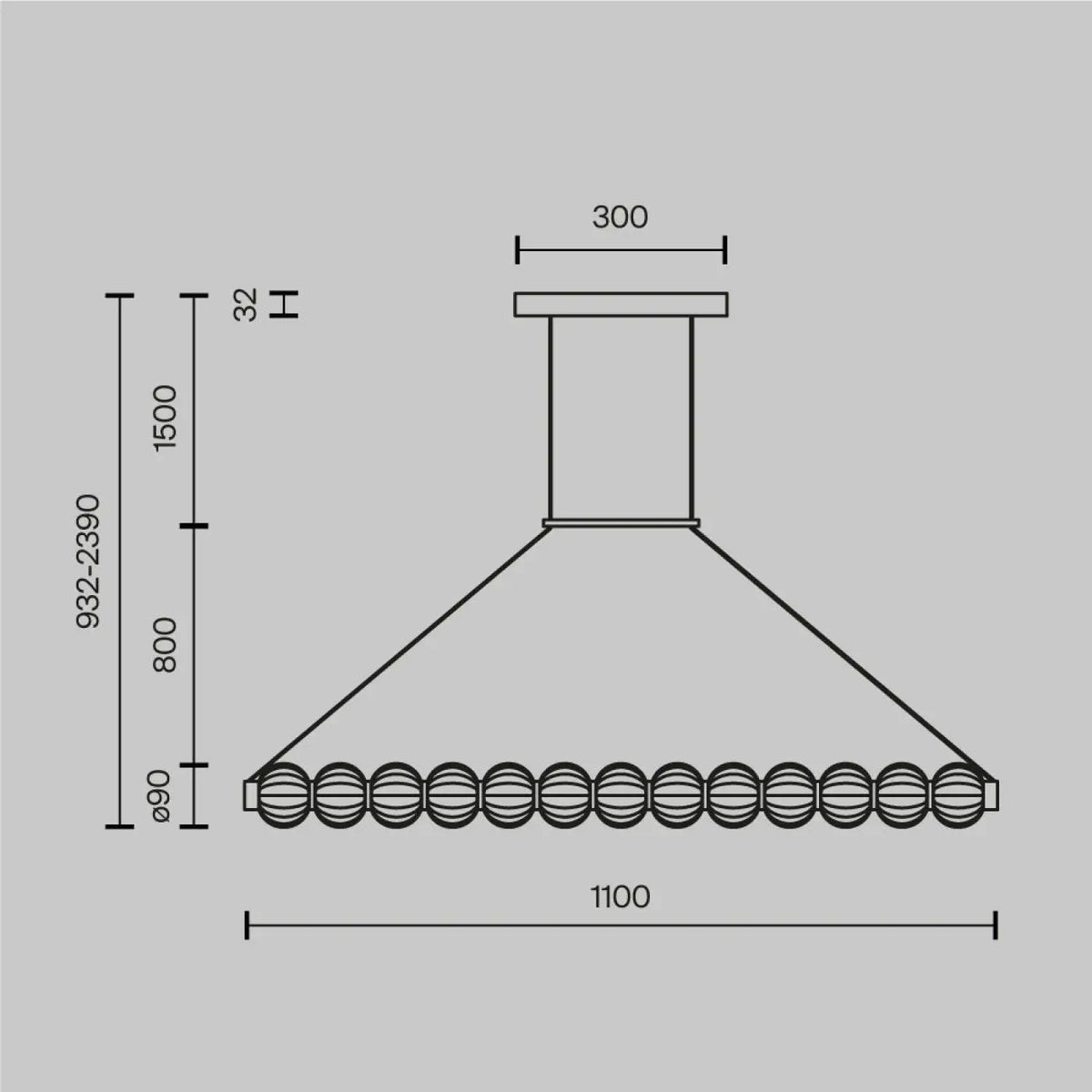 Suspension LED linéaire à perles de verre strié, 110 cm