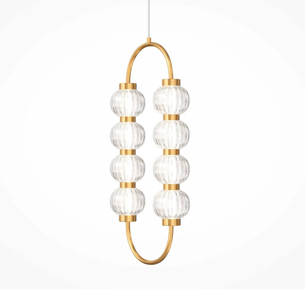 Suspension LED ovale en perles de verre strié, armature dorée