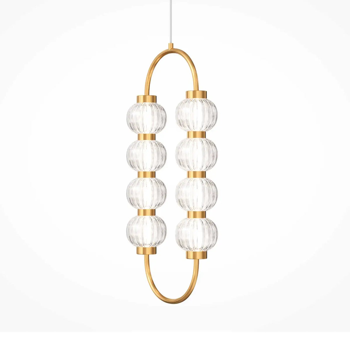 Suspension LED ovale en perles de verre strié, armature dorée