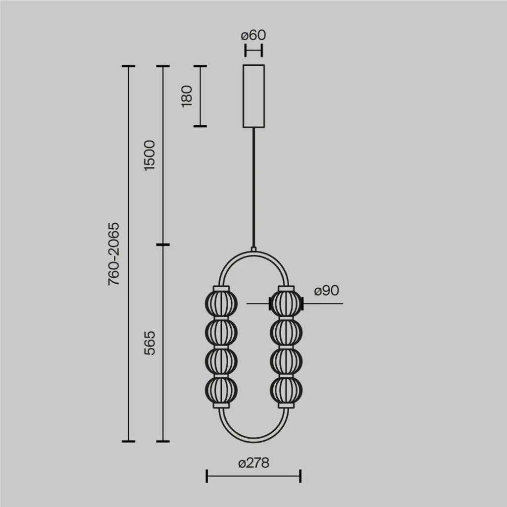 Suspension LED ovale en perles de verre strié, armature dorée