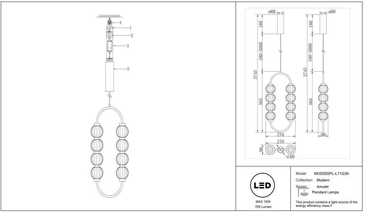 Suspension LED ovale en perles de verre strié, armature dorée