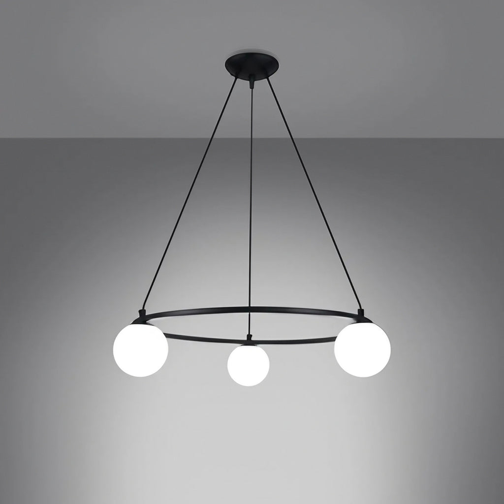 Suspension cercle en acier noir à globes en verre opale, 3 ou 5