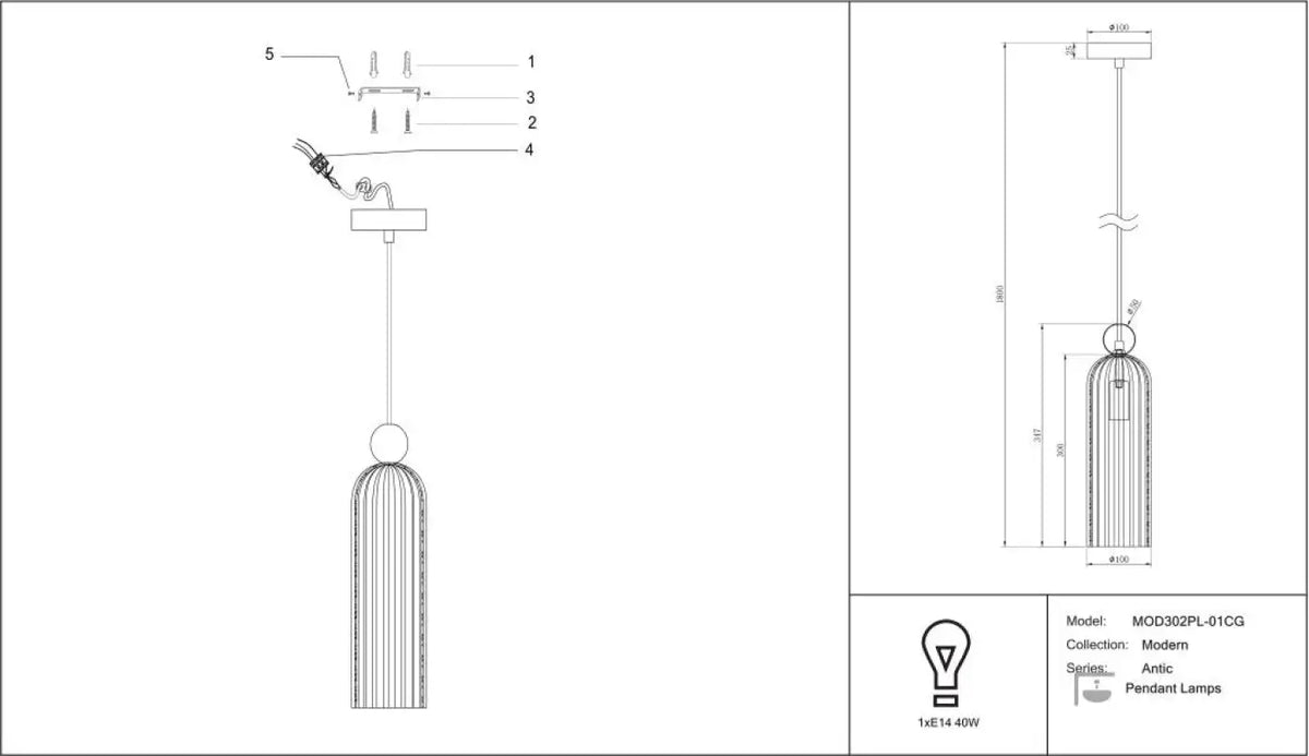 Suspension fine en verre strié sur monture dorée, culot E14