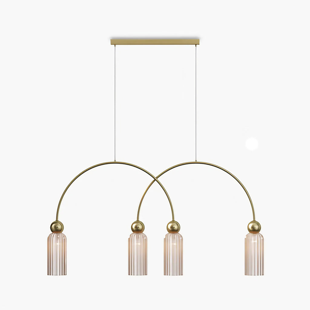 Suspension linéaire 4 lumières en verre strié, barre dorée