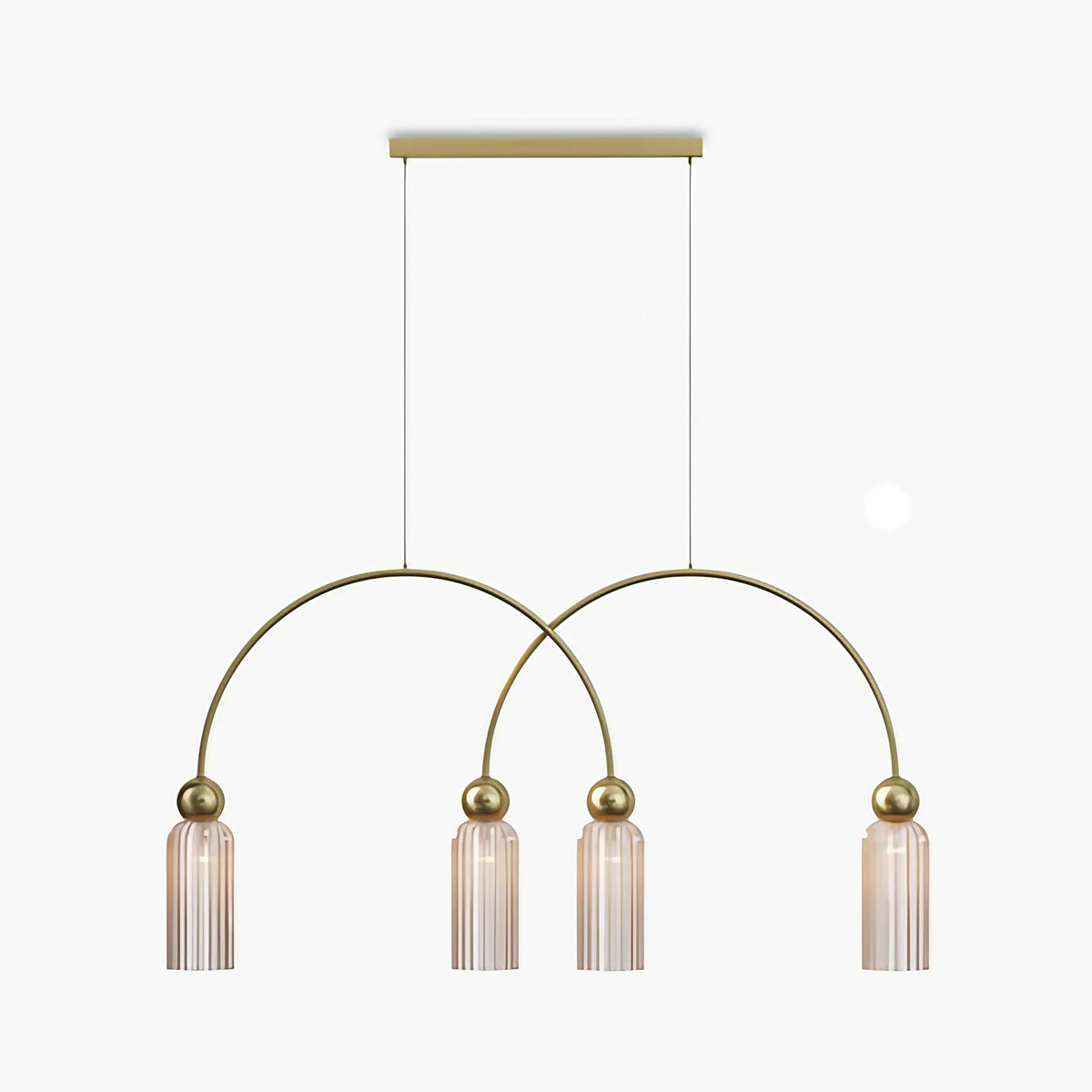 Suspension linéaire 4 lumières en verre strié, barre dorée