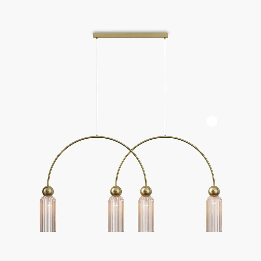 Suspension linéaire 4 lumières en verre strié, barre dorée