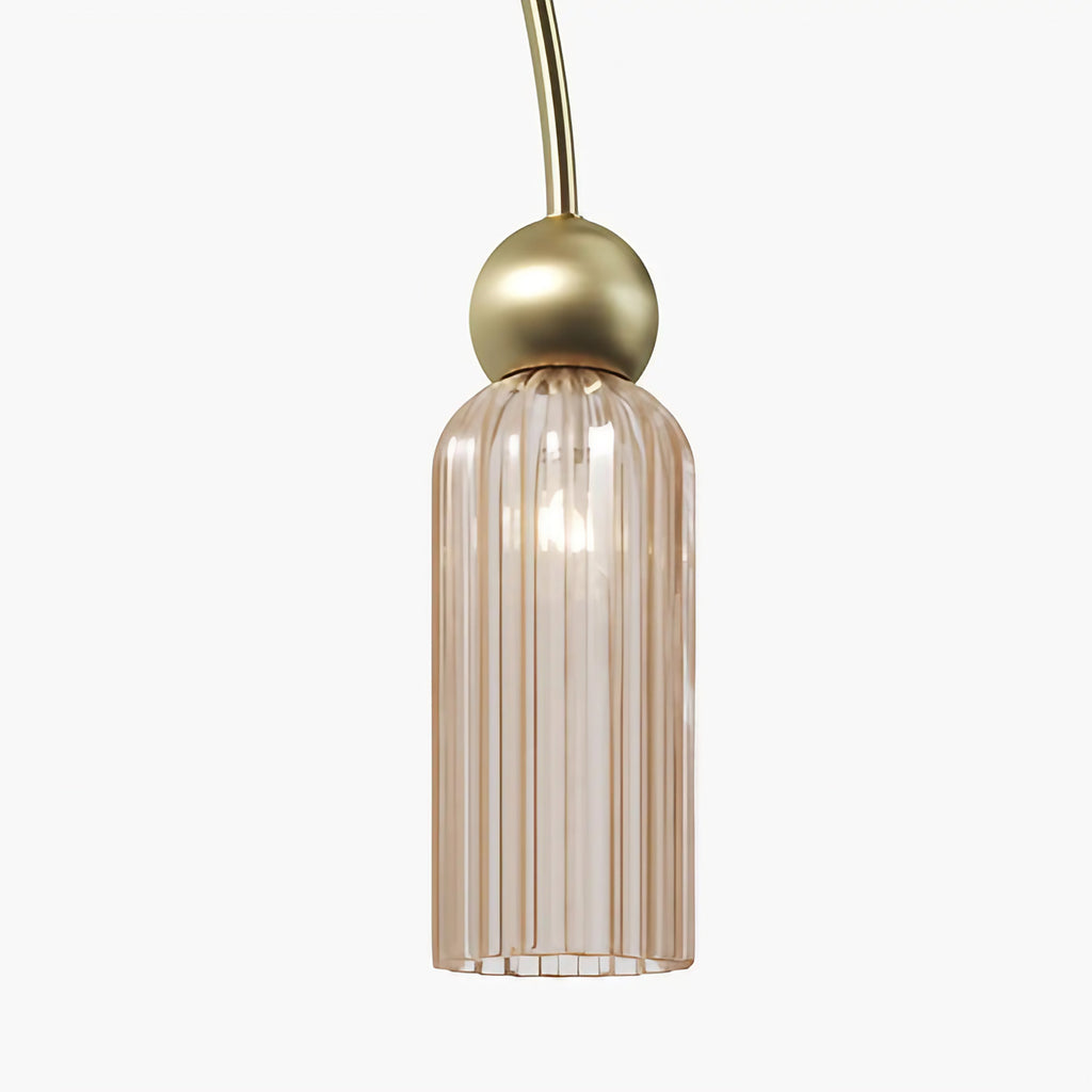 Suspension linéaire 4 lumières en verre strié, barre dorée