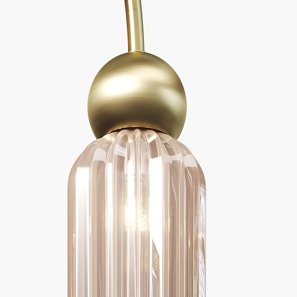 Suspension linéaire 4 lumières en verre strié, barre dorée