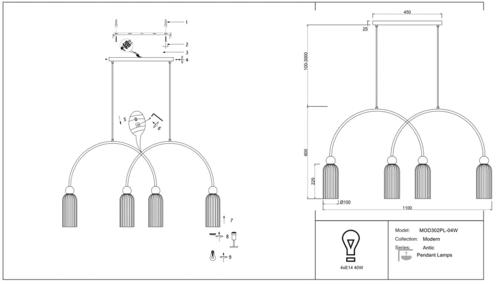 Suspension linéaire 4 lumières en verre strié, barre dorée