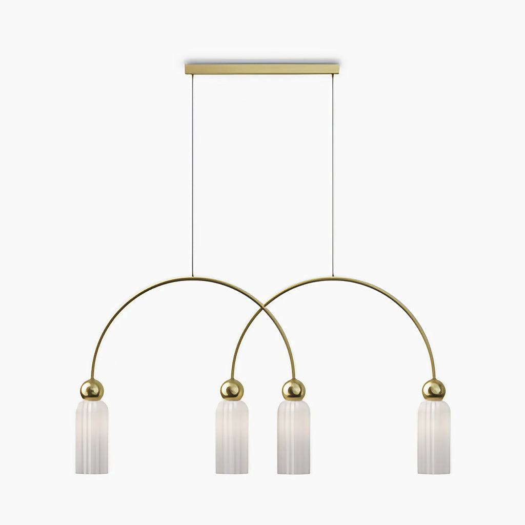 Suspension linéaire 4 lumières en verre strié, barre dorée