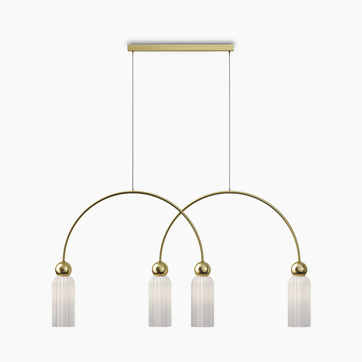 Suspension linéaire 4 lumières en verre strié, barre dorée
