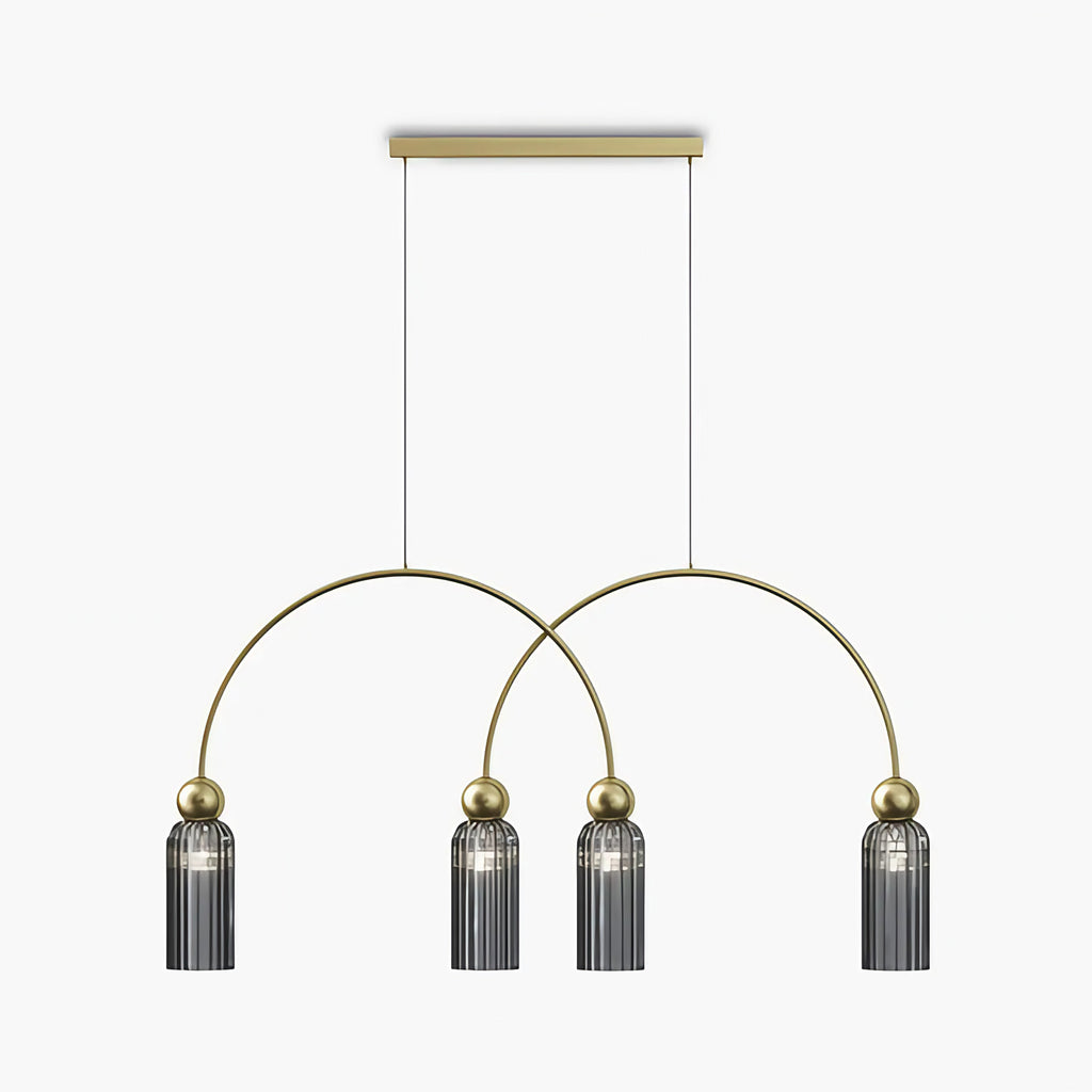 Suspension linéaire 4 lumières en verre strié, barre dorée