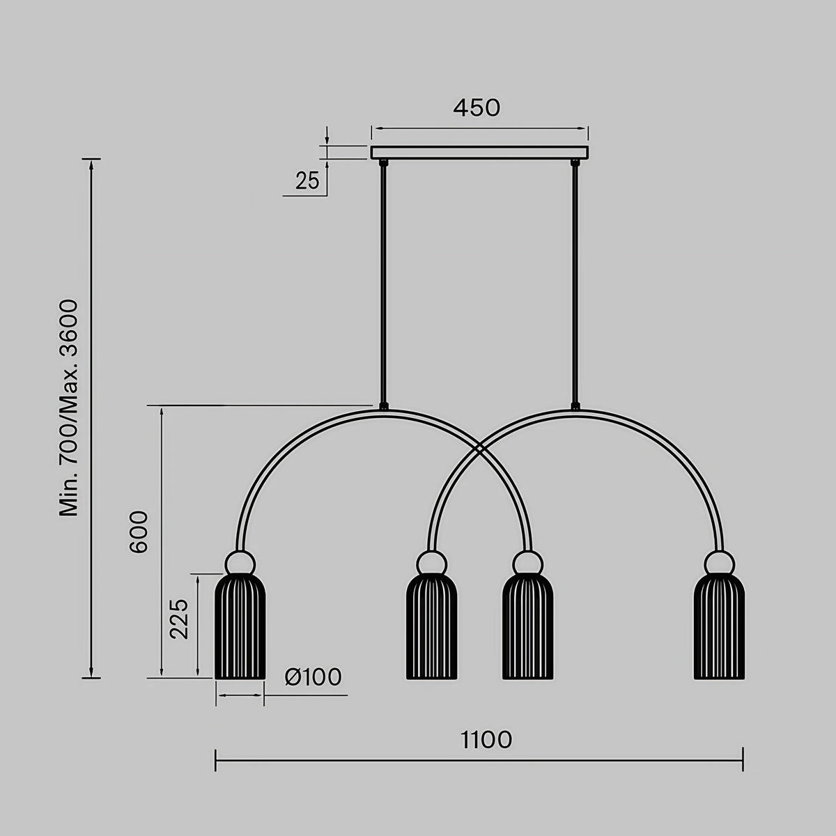 Suspension linéaire 4 lumières en verre strié, barre dorée