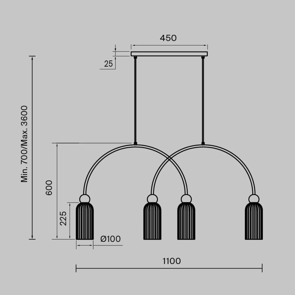 Suspension linéaire 4 lumières en verre strié, barre dorée
