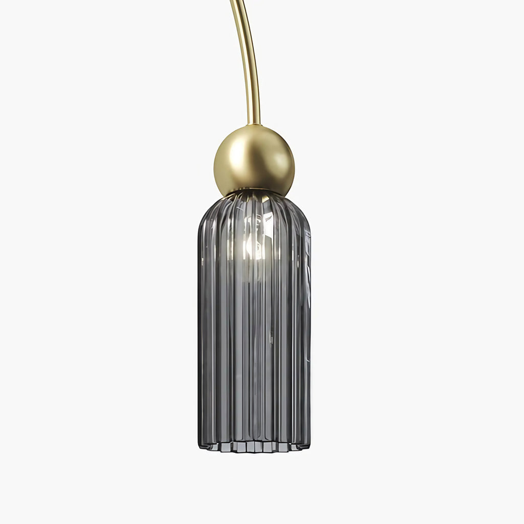 Suspension linéaire 4 lumières en verre strié, barre dorée