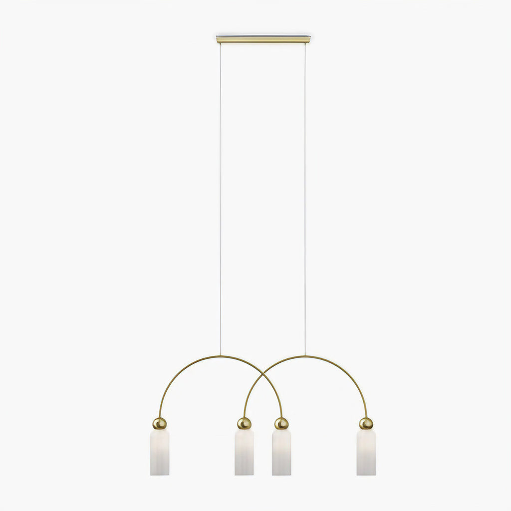 Suspension linéaire 4 lumières en verre strié, barre dorée, blanc