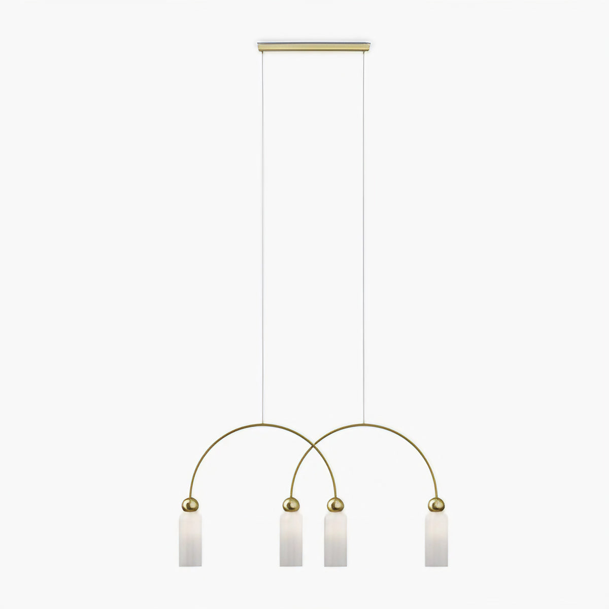 Suspension linéaire 4 lumières en verre strié, barre dorée, blanc