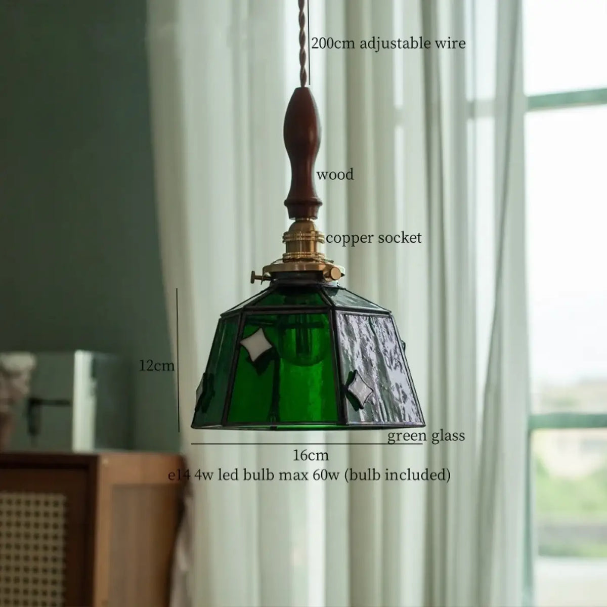 Suspension art déco en verre vert et cuivre, esprit industriel