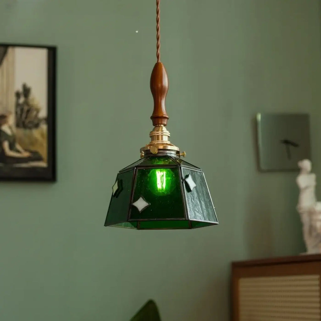 Suspension art déco en verre vert et cuivre, esprit industriel
