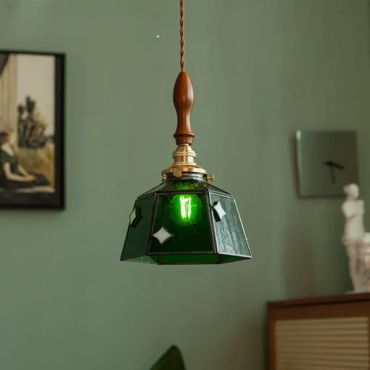 Suspension art déco en verre vert et cuivre, esprit industriel