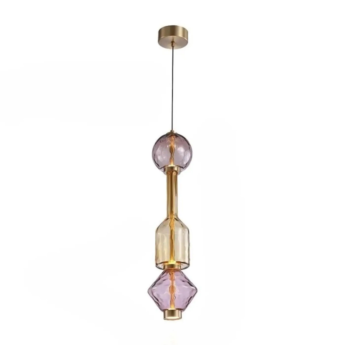 Suspension en verre soufflé violet, détails dorés, dix modèles